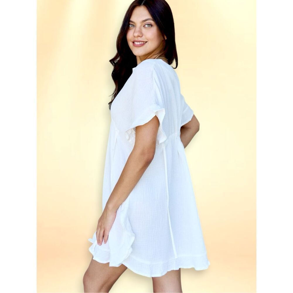 White Flowy Babydoll Mini Dress Drawstring Waist Boho Beach Cover Up Ruffle Hem - Picture 2 of 12